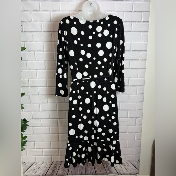 Maggy London Black and White Polka Dot wrap Long Sleeve midi Dress/size 14 - Picture 7 of 8